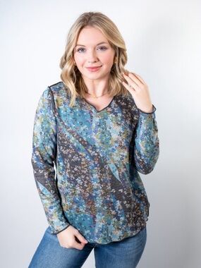 NEWFloral V-Neck Long Sleeve Blouse in Teal and Blue